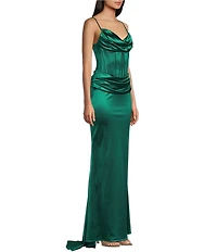 B. Darlin Satin Drape Neck Corset Bustier Bodice Mermaid Dress