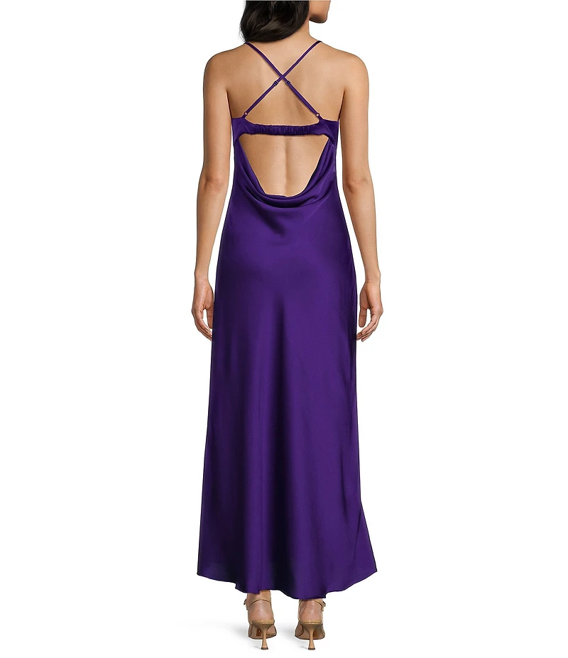 B. Darlin Satin Drape Neck Criss Cross Back Midi Dress