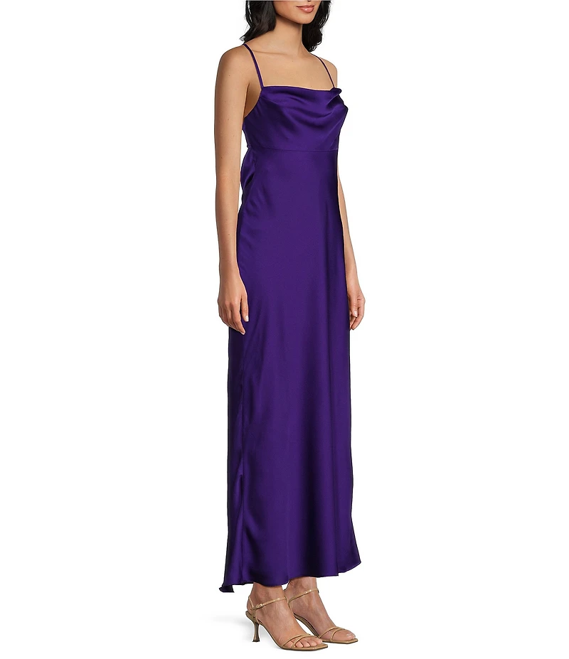 B. Darlin Satin Drape Neck Criss Cross Back Midi Dress