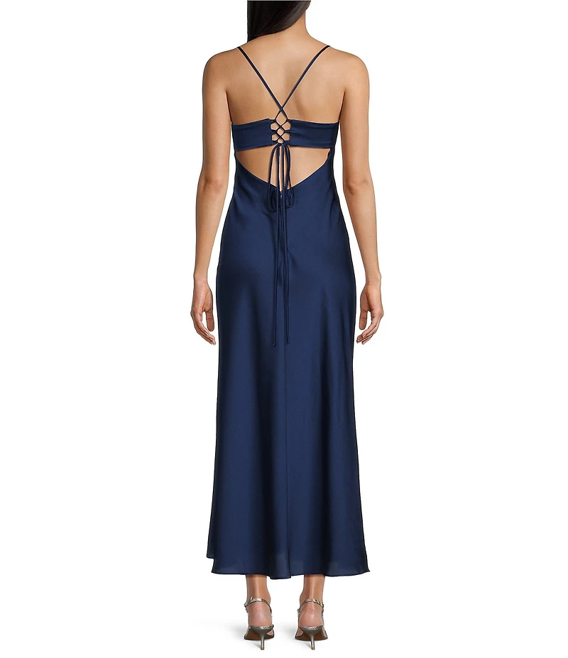 B. Darlin Satin Drape Neck Spaghetti Strap Lace Up Back Dress