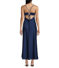 B. Darlin Satin Drape Neck Spaghetti Strap Lace Up Back Dress