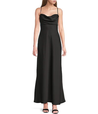 B. Darlin Satin Drape Neck Spaghetti Strap Lace Up Back Dress