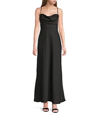 B. Darlin Satin Drape Neck Spaghetti Strap Lace Up Back Dress