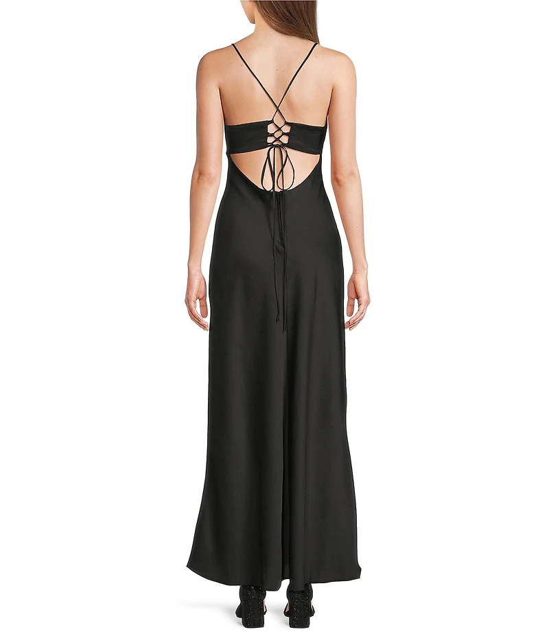 B. Darlin Satin Drape Neck Spaghetti Strap Lace Up Back Dress