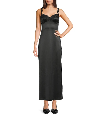 B. Darlin Satin Embroidered Lace Trim Sweetheart Neck Midi Dress