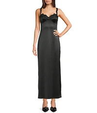 B. Darlin Satin Embroidered Lace Trim Sweetheart Neck Midi Dress