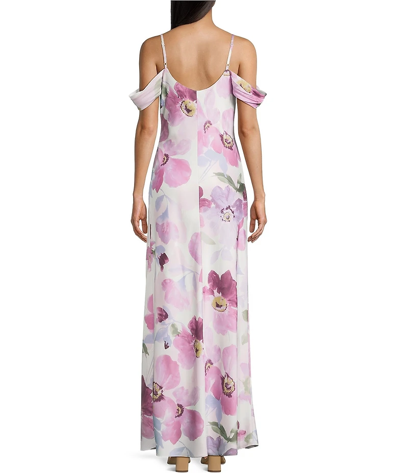 B. Darlin Satin Floral Printed Cowl Neck Off The Shoulder Long Dress