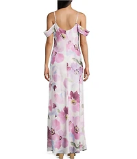 B. Darlin Satin Floral Printed Cowl Neck Off The Shoulder Long Dress