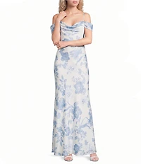 B. Darlin Satin Floral Printed Off The Shoulder Cowl Neck Maxi Dress