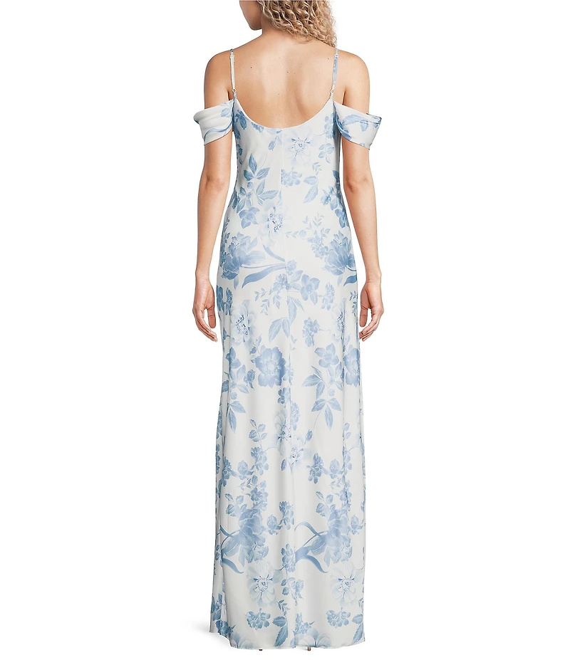 B. Darlin Satin Floral Printed Off The Shoulder Cowl Neck Maxi Dress