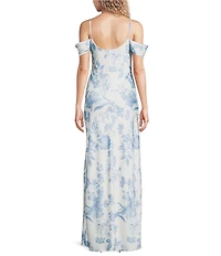 B. Darlin Satin Floral Printed Off The Shoulder Cowl Neck Maxi Dress