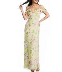 B. Darlin Satin Floral Printed Off The Shoulder Cowl Neck Maxi Dress