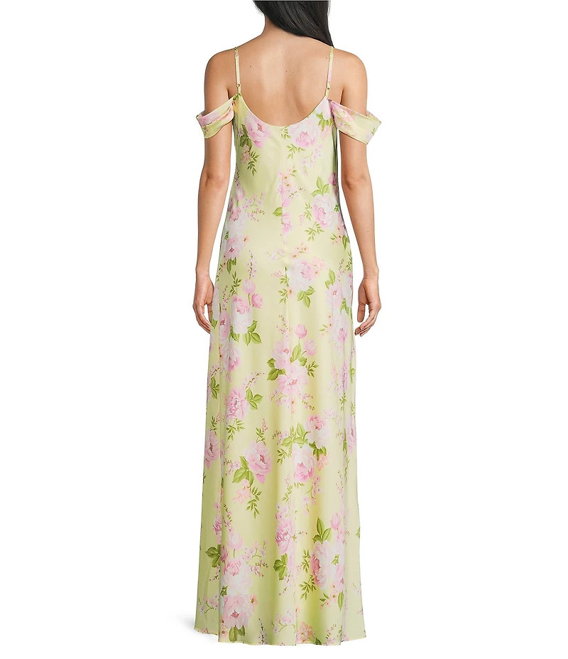 B. Darlin Satin Floral Printed Off The Shoulder Cowl Neck Maxi Dress