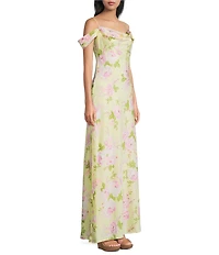 B. Darlin Satin Floral Printed Off The Shoulder Cowl Neck Maxi Dress