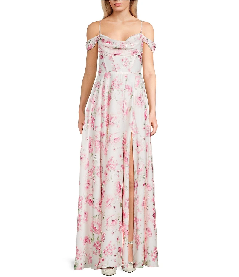 B. Darlin Satin Floral Printed Off-The-Shoulder Sweetheart Neck Bustier Bodice Dress