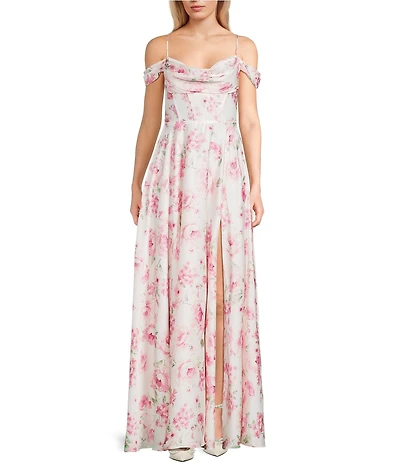 B. Darlin Satin Floral Printed Off-The-Shoulder Sweetheart Neck Bustier Bodice Dress