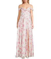 B. Darlin Satin Floral Printed Off-The-Shoulder Sweetheart Neck Bustier Bodice Dress