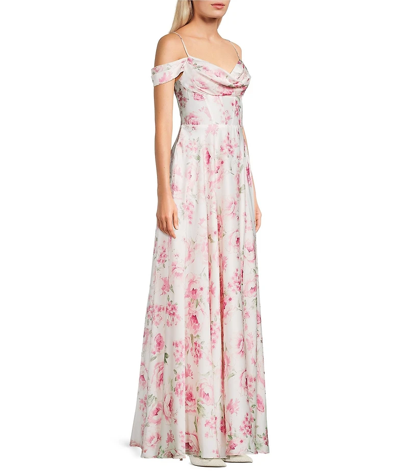 B. Darlin Satin Floral Printed Off-The-Shoulder Sweetheart Neck Bustier Bodice Dress
