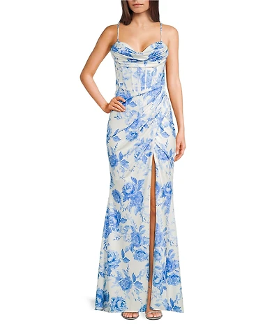 B. Darlin Satin Floral Printed Sweetheart Drape Neck Bustier Bodice Lace Up Back Dress