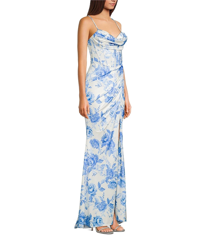 B. Darlin Satin Floral Printed Sweetheart Drape Neck Bustier Bodice Lace Up Back Dress