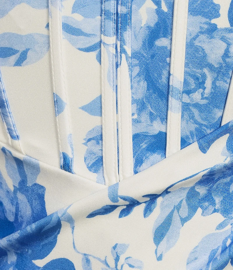 B. Darlin Satin Floral Printed Sweetheart Drape Neck Bustier Bodice Lace Up Back Dress