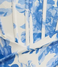 B. Darlin Satin Floral Printed Sweetheart Drape Neck Bustier Bodice Lace Up Back Dress