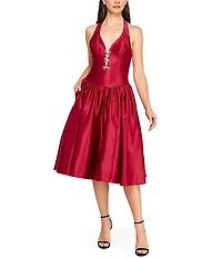 B. Darlin Satin Halter Neck Faux Pearl Bow Trim Midi Dress
