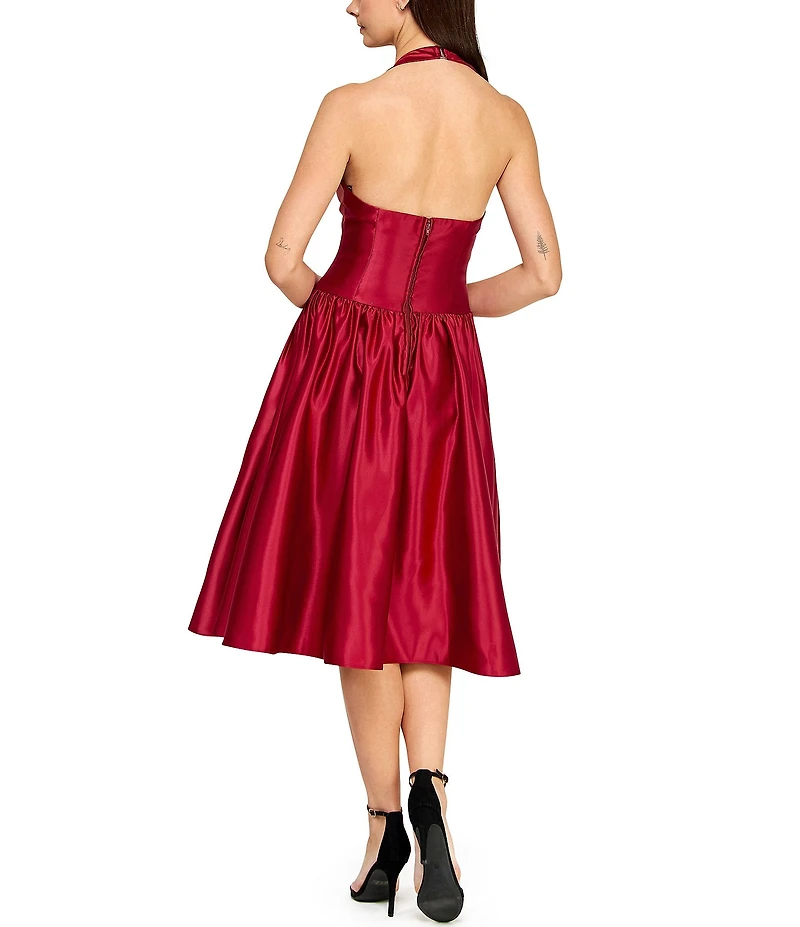 B. Darlin Satin Halter Neck Faux Pearl Bow Trim Midi Dress