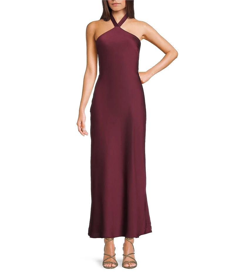 B. Darlin Satin Halter Neck Tie Back Long Dress