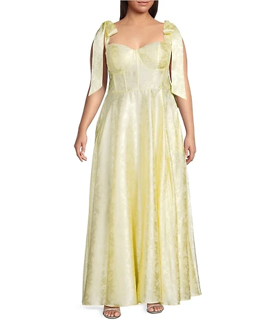 B. Darlin Satin Jacquard Sweetheart Neck Tie Shoulder A-Line Gown