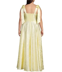 B. Darlin Plus Size Satin Jacquard Sweetheart Neck Tie Shoulder A-Line Gown