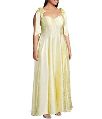 B. Darlin Plus Size Satin Jacquard Sweetheart Neck Tie Shoulder A-Line Gown