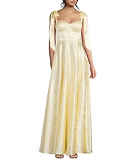 B. Darlin Satin Jacquard Sweetheart Neck Tie Shoulder Side Slit Gown