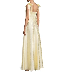 B. Darlin Satin Jacquard Sweetheart Neck Tie Shoulder Side Slit Gown