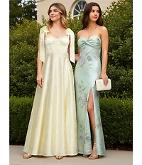 B. Darlin Satin Jacquard Sweetheart Neck Tie Shoulder Side Slit Gown