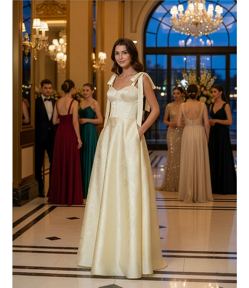 B. Darlin Satin Jacquard Sweetheart Neck Tie Shoulder Side Slit Gown