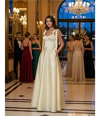 B. Darlin Satin Jacquard Sweetheart Neck Tie Shoulder Side Slit Gown