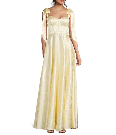 B. Darlin Satin Jacquard Sweetheart Neck Tie Shoulder Side Slit Gown