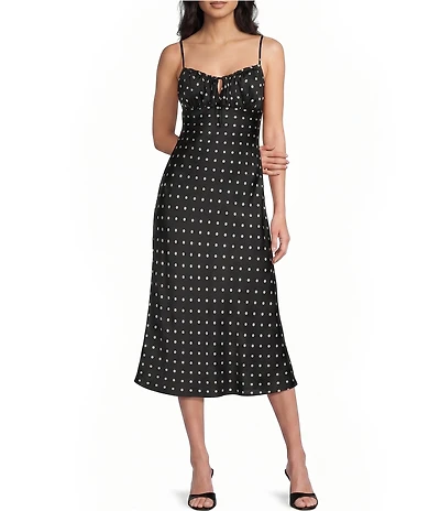 B. Darlin Satin Polka Dot Scoop Neck Tie Front Midi Dress