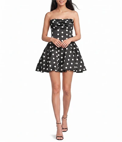 B. Darlin Satin Polka Dot Strapless Pleated Neck Lace Up Bow Back Dress