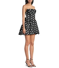 B. Darlin Satin Polka Dot Strapless Pleated Neck Lace Up Bow Back Dress
