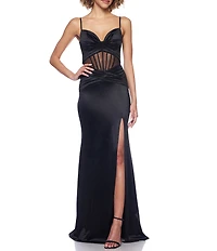 B. Darlin Satin Rhinestone Trim Illusion Bustier Pleated Ball Gown