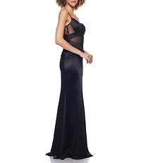 B. Darlin Satin Rhinestone Trim Illusion Bustier Pleated Ball Gown