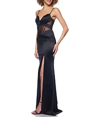 B. Darlin Satin Rhinestone Trim Illusion Bustier Pleated Ball Gown