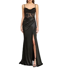 B. Darlin Satin Scoop Neck Embroidered Sequin Lace Illusion Corset Side Slit Lace Up Back Ball Gown