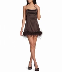 B. Darlin Satin Scoop Neck Faux Feather Trim Dress