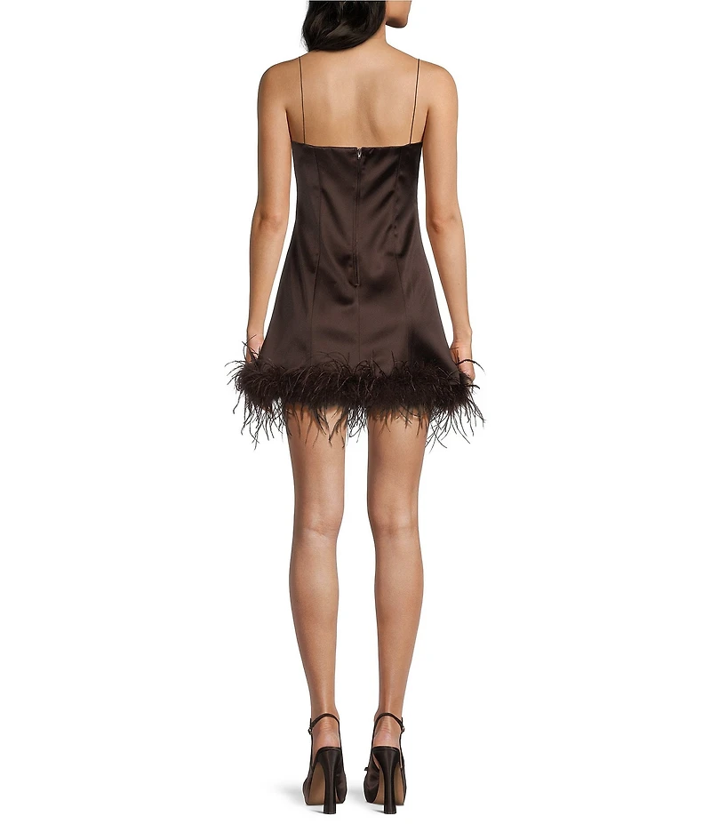B. Darlin Satin Scoop Neck Faux Feather Trim Dress
