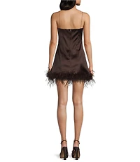 B. Darlin Satin Scoop Neck Faux Feather Trim Dress