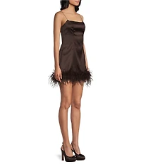 B. Darlin Satin Scoop Neck Faux Feather Trim Dress