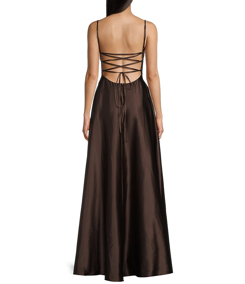 B. Darlin Satin Scoop Neck Spaghetti Strap Lace-Up Back Side Slit A-Line Dress